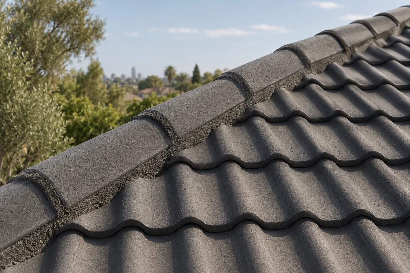 Illustrative detail of concrete roof tiles and a ridge