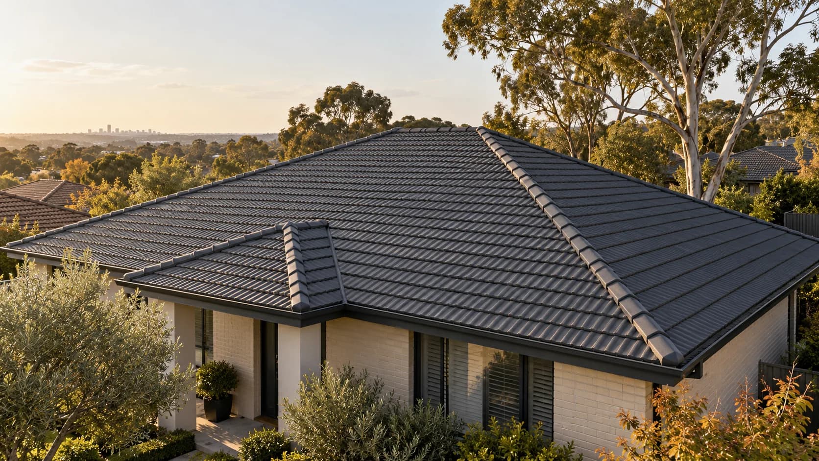 Illustrative Melbourne-style home with a charcoal concrete tile roof